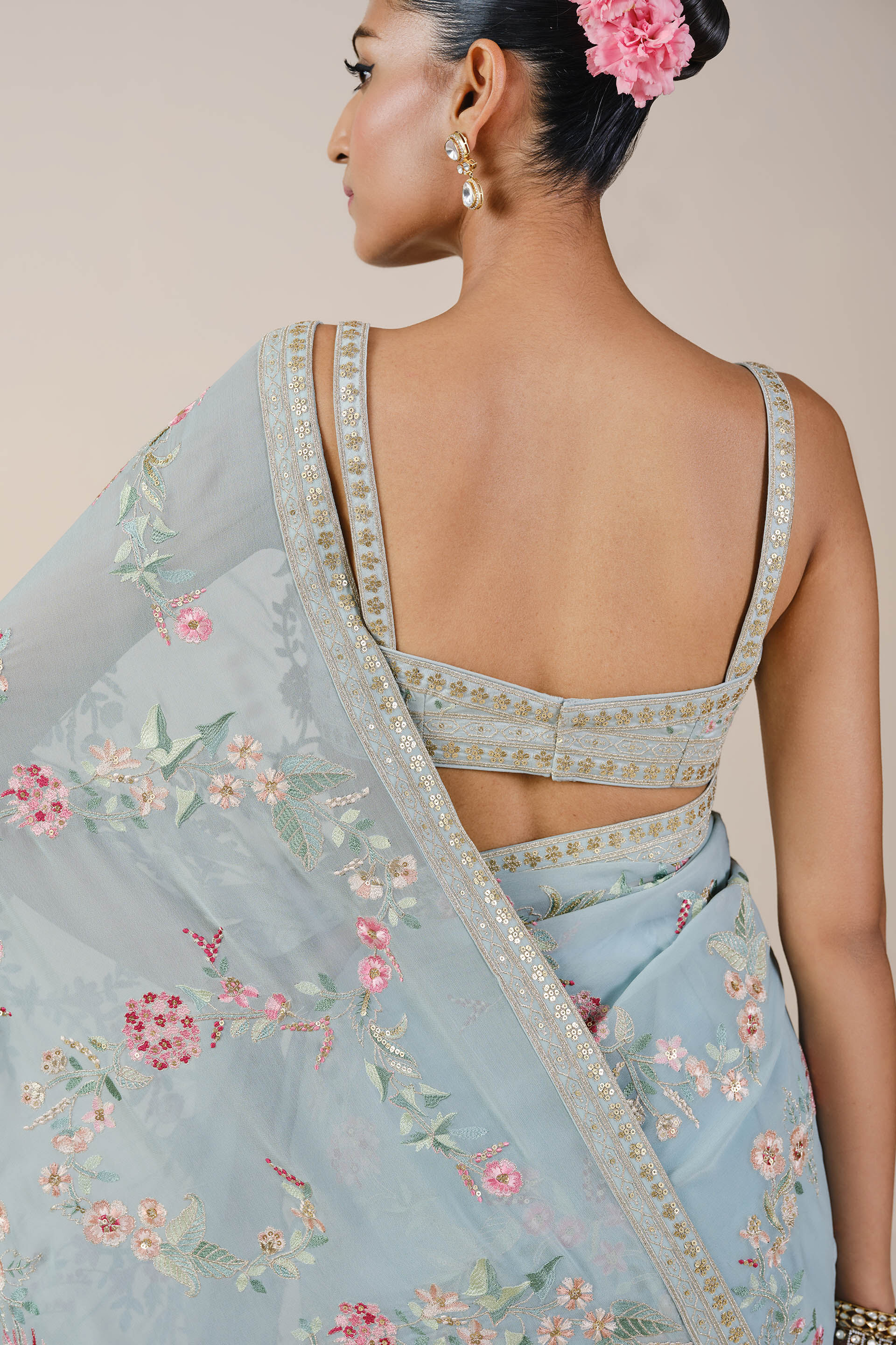Dianthus Embroidered Georgette Saree, Powder Blue, image 5